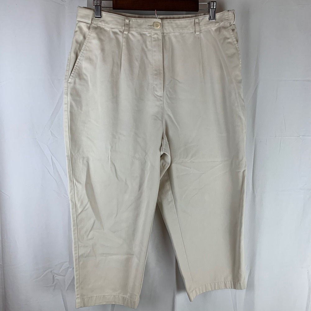 L.L.Bean Crop Pants Womens 16 PET Beige Original Fit Cotton Twill Pleated‎ Front